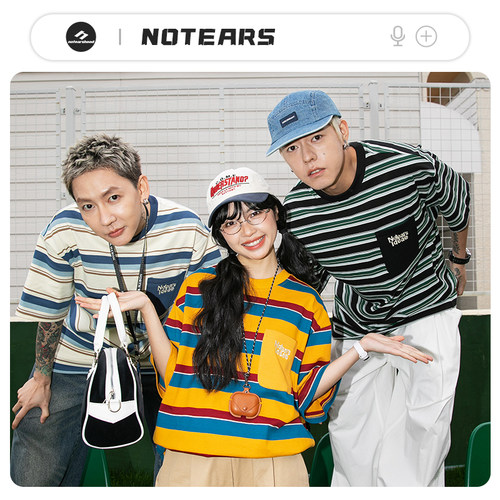NOTEARS条纹工装美式复古宽松百搭设计感短袖情侣圆领T恤男女同款