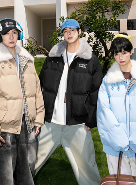 NOTEARS 美式冬装座山雕毛领棉服情侣字母刺绣面包服外套男女同款