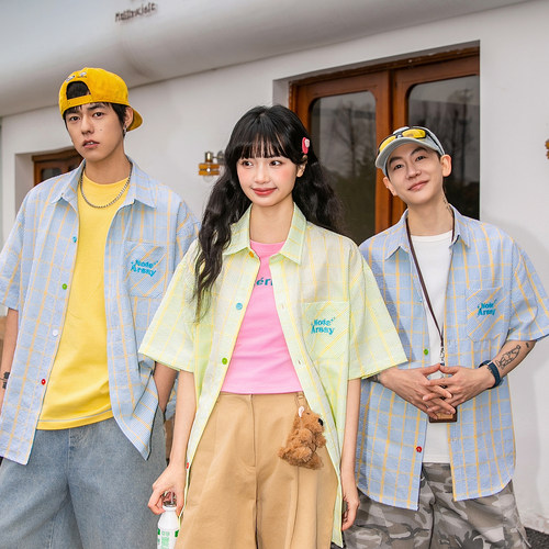 NOTEARS 夏季新款美式条纹衬衫女格纹衬衣外套男情侣短袖刺绣上衣