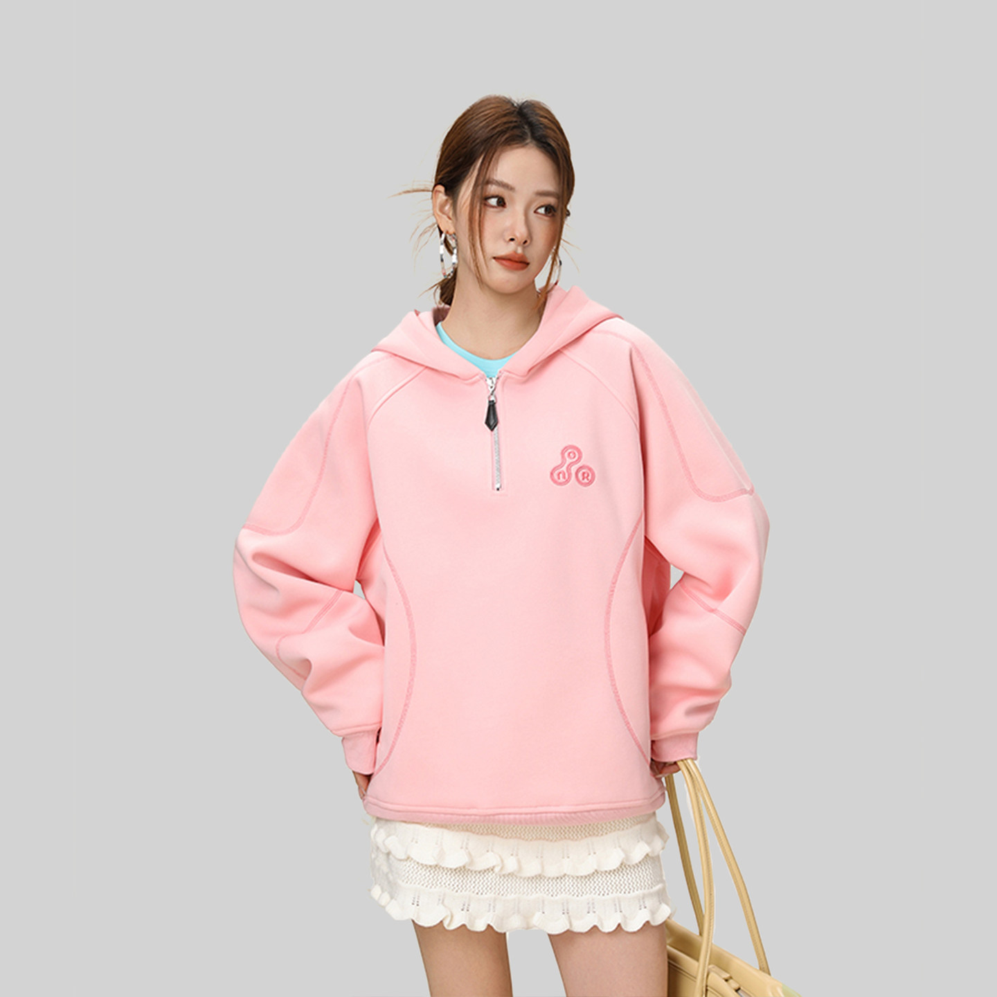 NOTEARS 夏季半开衫连帽卫衣女设计感小众粉色学院风宽松慵懒风