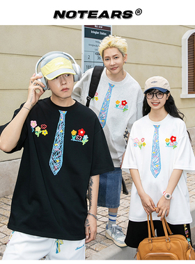 No Tears液氨手绘字母花卉立体刺绣圆领涂鸦领带情侣T恤男女同款