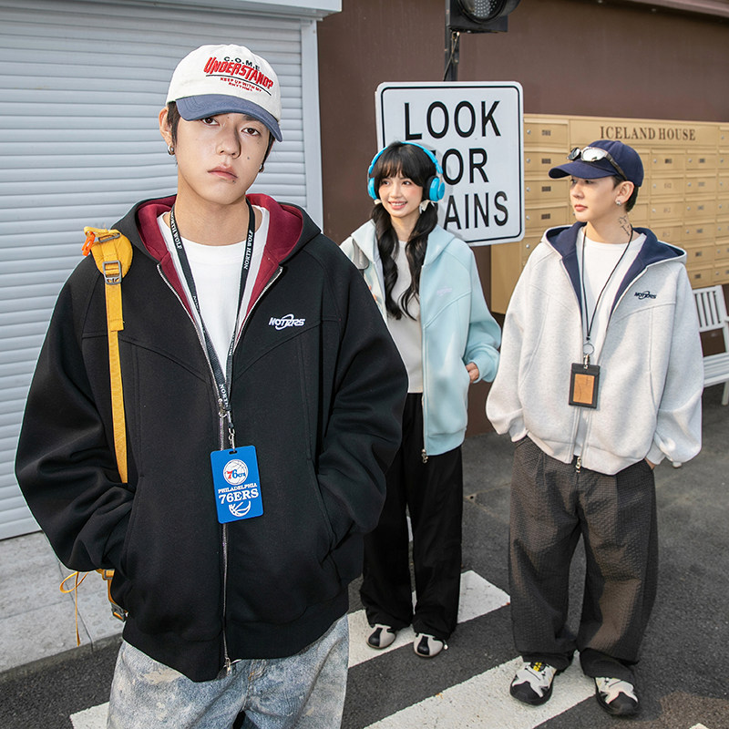 NOTEARS 春季撞色拼接美式休闲纯色连帽开衫卫衣外套学院风情侣装,男装,卫衣,淘宝优惠券,粉丝福利购,淘宝优惠卷