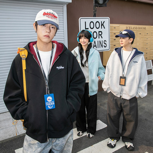 NOTEARS 春季撞色拼接美式休闲纯色连帽开衫卫衣外套学院风情侣装