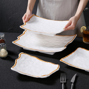 异形创意餐具盘子浮雕金边平盘密胺仿瓷塑料酒店餐厅商用装菜盘子