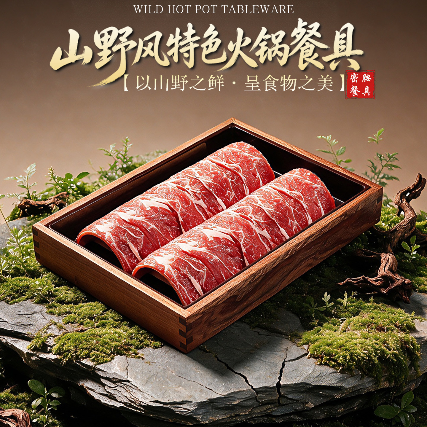 山野风火锅密胺餐具牛肉专用沙比利木盒鲜切雪花和牛肉盘涮肉拼盘图片