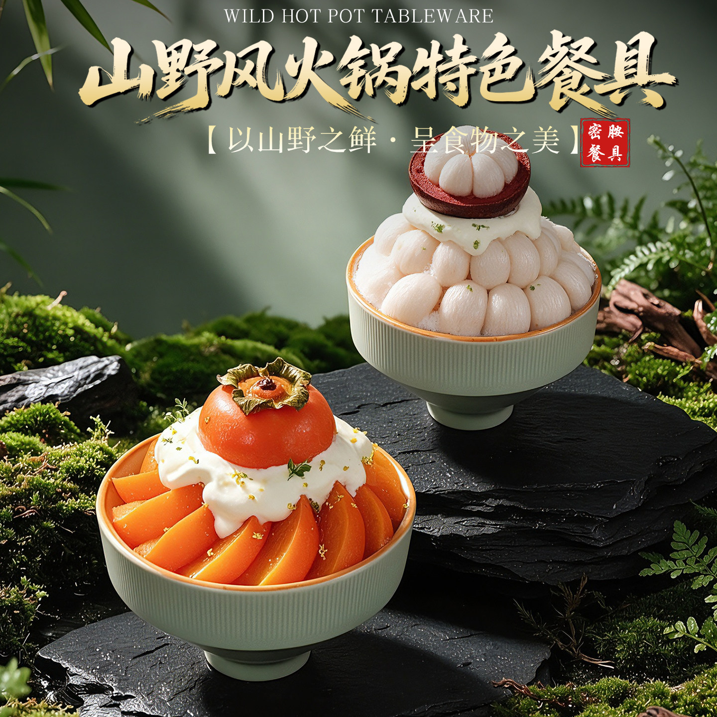 山野风火锅店绵绵冰甜品碗网红山竹柿子冰雪高脚碗密胺糖水碗餐具