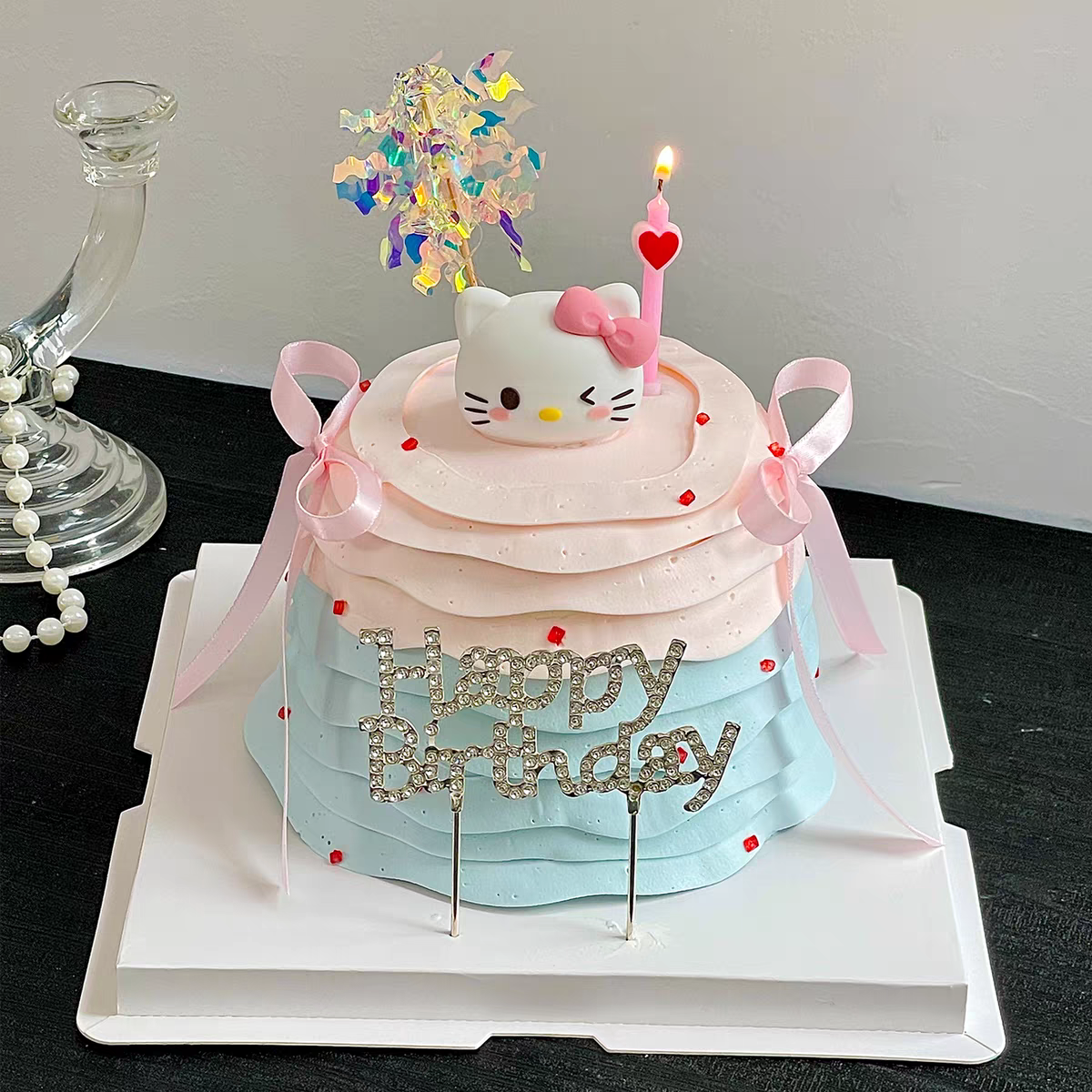 网红KT软胶蛋糕装饰摆件HB生日快乐插件蝴蝶结雨丝蜡烛烘培装扮
