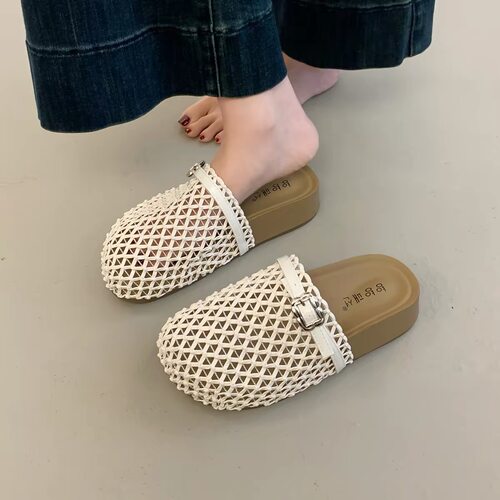 女童镂空编织网面包头半拖鞋夏季