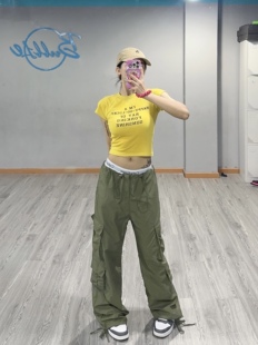 美美的废物 美式复古辣妹短袖T恤露脐显瘦jazz黄色短款跳舞上衣女