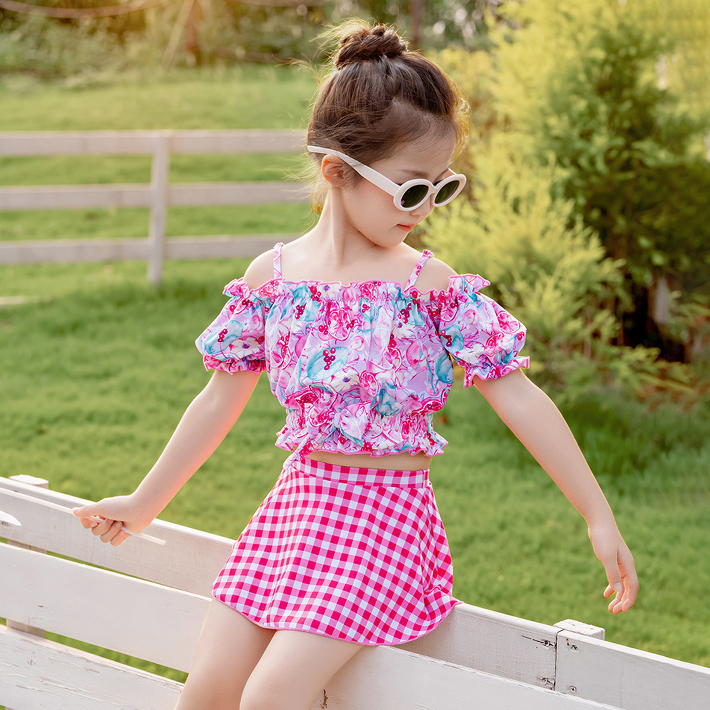 儿童泳衣女童分体碎花格子泡泡袖糖果色可爱小公主宝宝温泉游泳衣