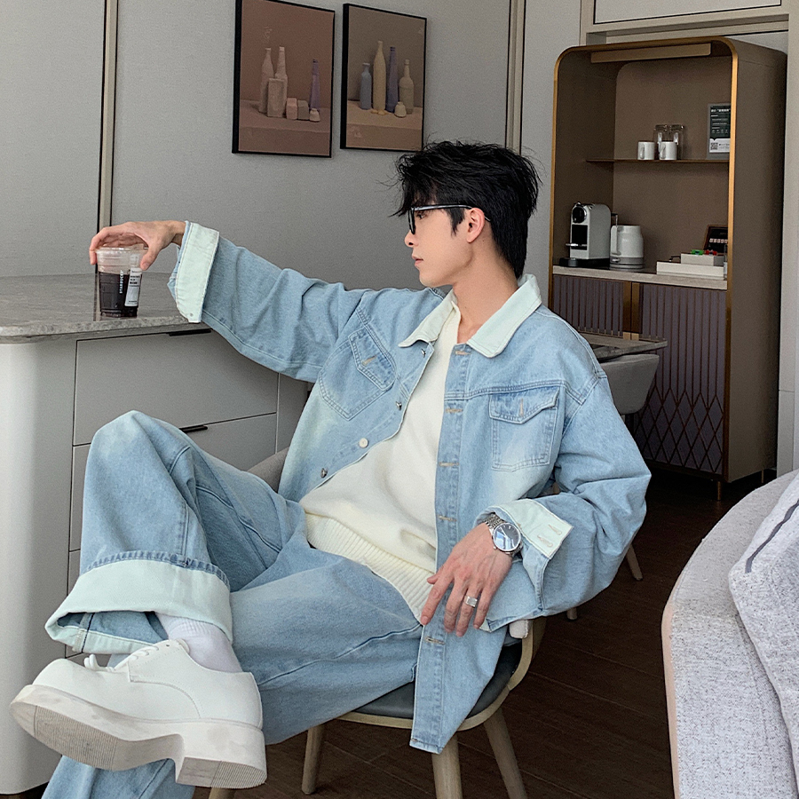 美式潮牌蓝色牛仔套装高级感设计感夹克痞帅春秋搭配一套时尚