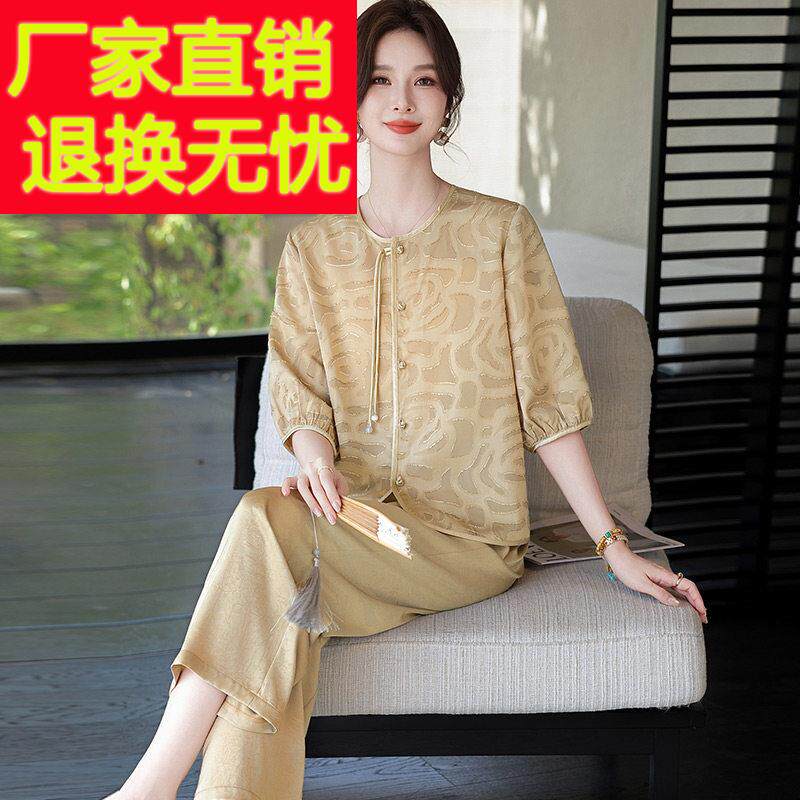 中年妈妈夏装桑蚕丝套装新款中老年女装时尚上衣阔太太真丝两件套