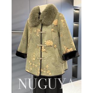 新中式风毛领妈妈装外套女中长款冬装新款中老年盘扣保暖大衣加厚