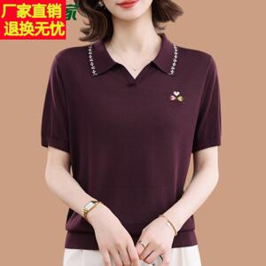 品牌世家桑蚕丝短袖t恤女polo领妈妈夏装天丝翻领针织衫冰丝上衣