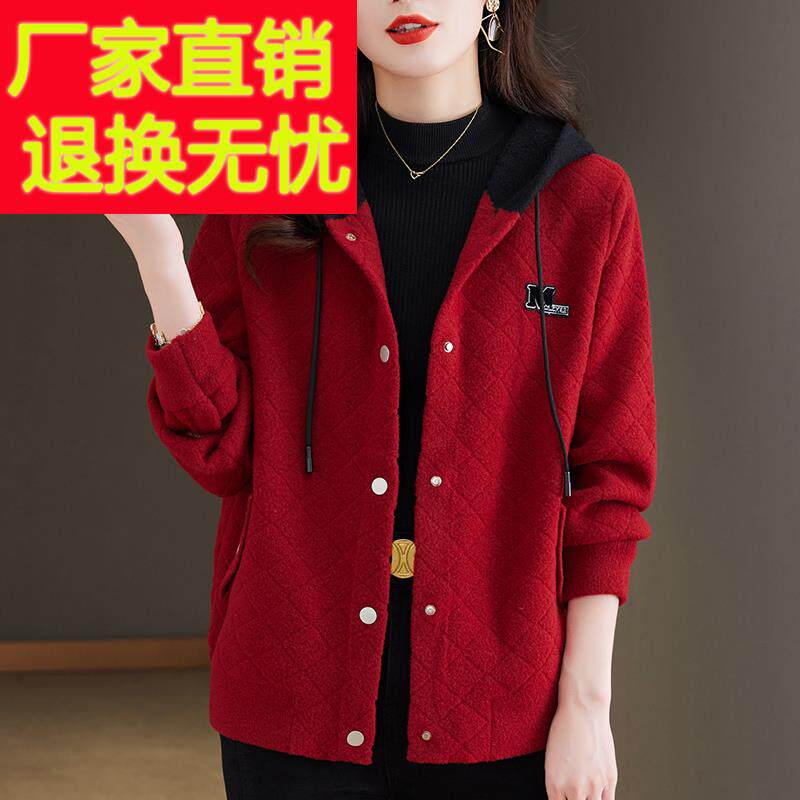 秋冬季女士连帽毛呢短外套2023新款红色洋派宽松休闲 夹克开 衫上