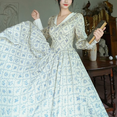 法式复古纯棉高腰印花长袖连衣裙