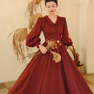 复古灯笼袖 弥爱原创 法式 加厚款 收腰红色大摆连衣裙冬 夜莺情诗