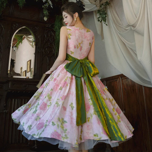 vintage风大裙摆绑带劳拉连衣裙