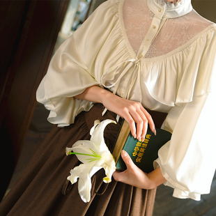 水雾珍珠 弥爱原创 法式 宫廷复古缎面荷叶边灯笼袖 衬衫 10新品