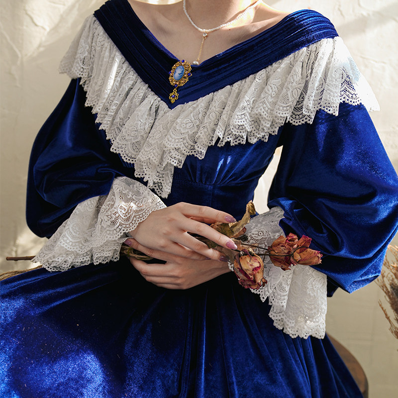 1/4上新 弥爱原创《蓝调月光》宫廷复古丝绒蕾丝束腰礼服连衣裙,女装/女士精品,连衣裙,淘宝优惠券,粉丝福利购,淘宝优惠卷