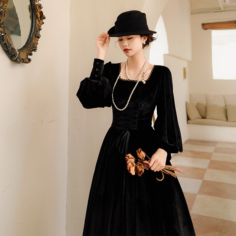 法式复古丝绒束腰绑带灯笼袖长裙