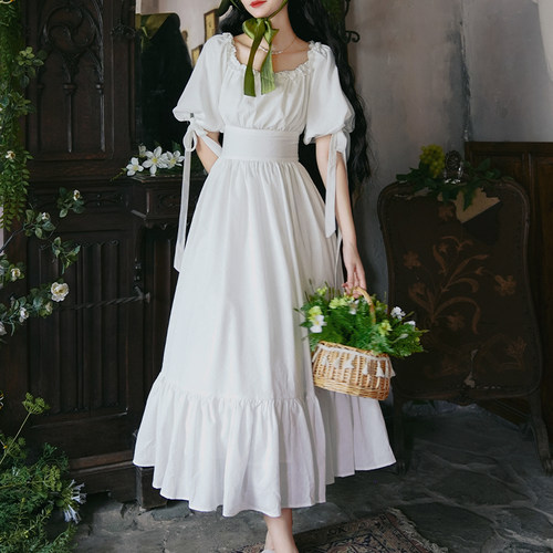 弥爱小白裙法式复古灯笼袖连衣裙