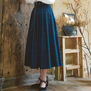复古学院风减龄高腰系带格子半身裙显瘦 法式 弥爱原创 云边书房