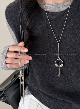 韩系银色耳机水滴吊坠项链女款轻奢高级感长款毛衣链秋冬装饰配饰