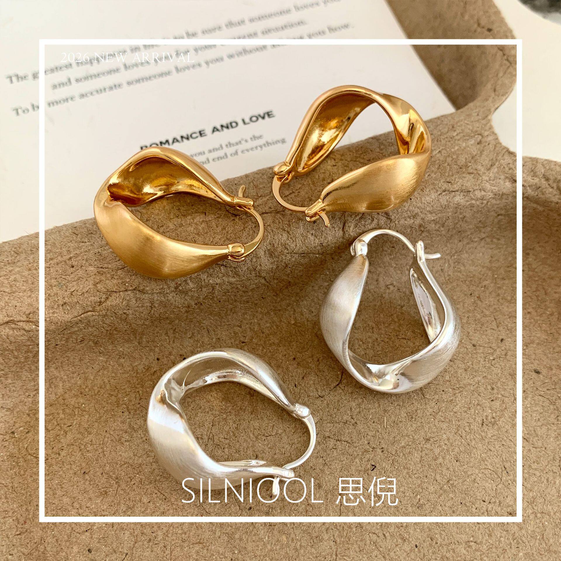 哑光扭面水滴耳扣金银异形金属耳圈欧美风耳饰直播货源
