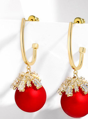 925银针气质红色贝珍珠耳环女长款new year red pearl earring