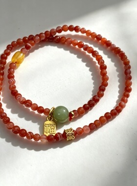 新中式仿南红玛瑙弹力绳手串和田玉福牌蜜蜡配珠轻奢小众显白手链