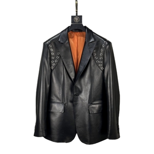 RC欧货MC风孔眼宽平驳领皮西装时尚休闲高腰修身单粒扣西服外套