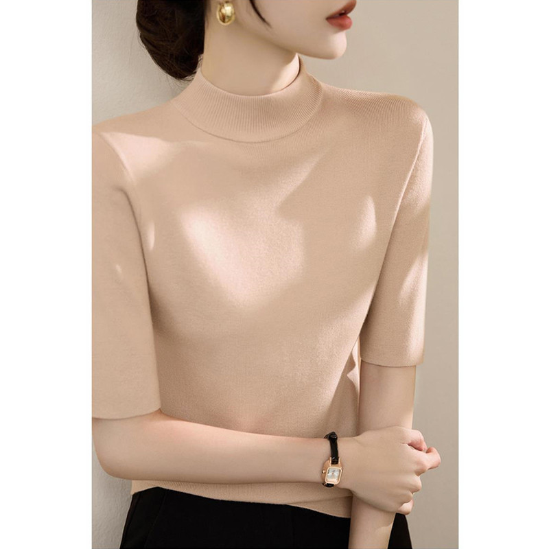 温柔气质正肩半高领半袖针织衫