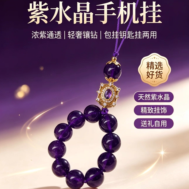 天然紫水晶手机挂绳指环扣精致手手机挂件/手机链