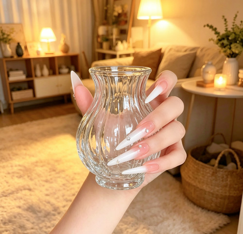粉白渐变长尖穿戴甲纯手工裸色碎钻芭蕾甲显白可拆卸婚甲美甲片