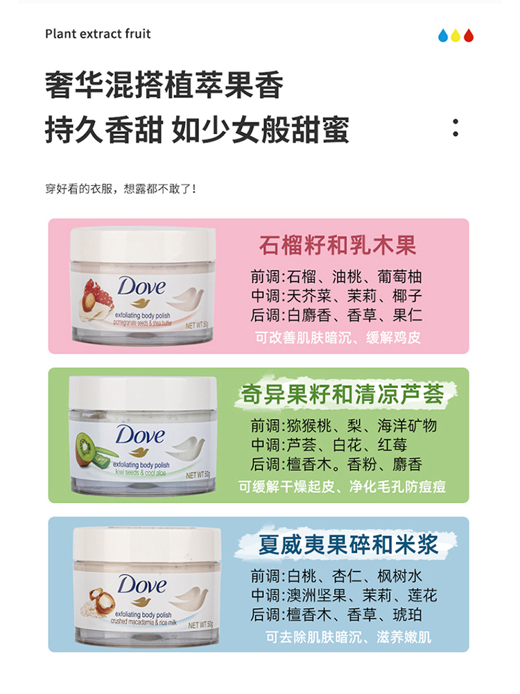 多芬磨砂膏Dove50G去角质鸡皮嫩白全身祛痘冰淇淋身体红石榴-封面