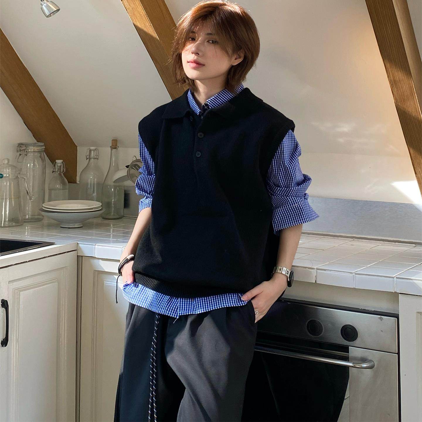 日系复古翻领针织马甲背心男女秋冬新款叠穿百搭无袖毛衣马夹上衣