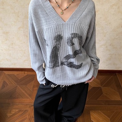 Apocket美式复古V领针织毛衣男女秋季宽松肌理感显瘦休闲套头上衣