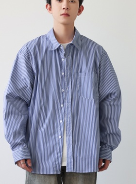 Cityboy日系复古蓝色长袖条纹衬衫男女春秋新款休闲宽松衬衣外套