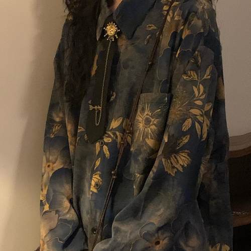 NAGA自制春秋美式潮牌休闲新中式古着感港风印花长袖衬衫男女衬衣