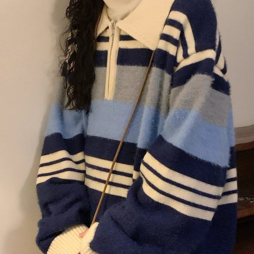 NAGA自制秋冬日系复古慵懒风宽松软糯拼色条纹POLO领针织衫毛衣男