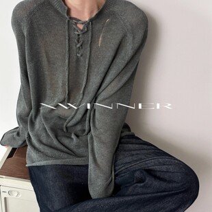 XWINNER早秋纯欲绑带薄款针织衫男女长袖复古慵懒松弛感微透上衣