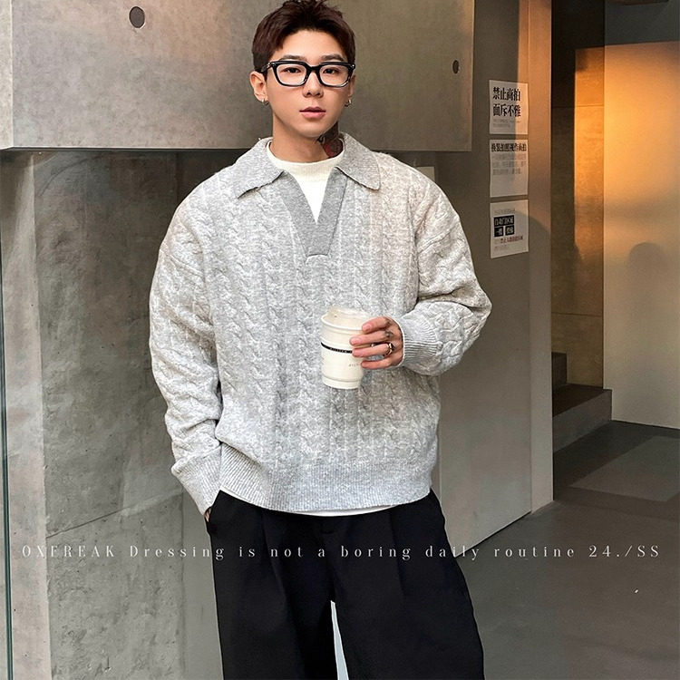 OXFREAK 假两件粗针麻花秋冬新款V领纯色毛衣男宽松针织衫上衣潮