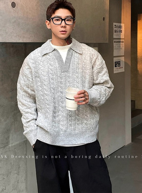 OXFREAK 假两件粗针麻花秋冬新款V领纯色毛衣男宽松针织衫上衣潮