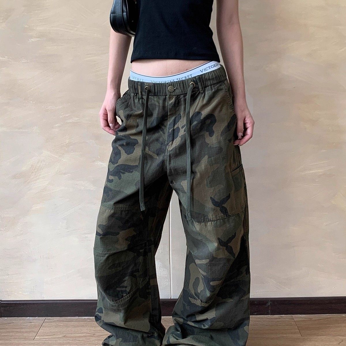 Apocket美式街头复古抽绳迷彩休闲裤男女宽松直筒松紧腰工装裤子
