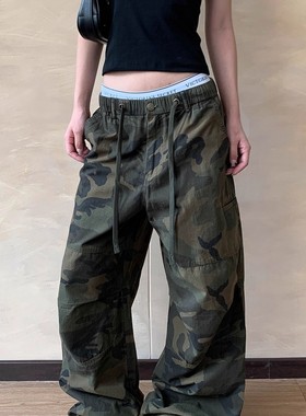 Apocket美式街头复古抽绳迷彩休闲裤男女宽松直筒松紧腰工装裤子