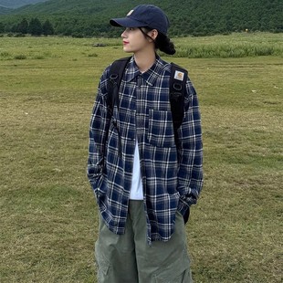 LIFEASAM春秋季翻领格子衬衫男女宽松外套衬衣长袖美式复古上衣潮