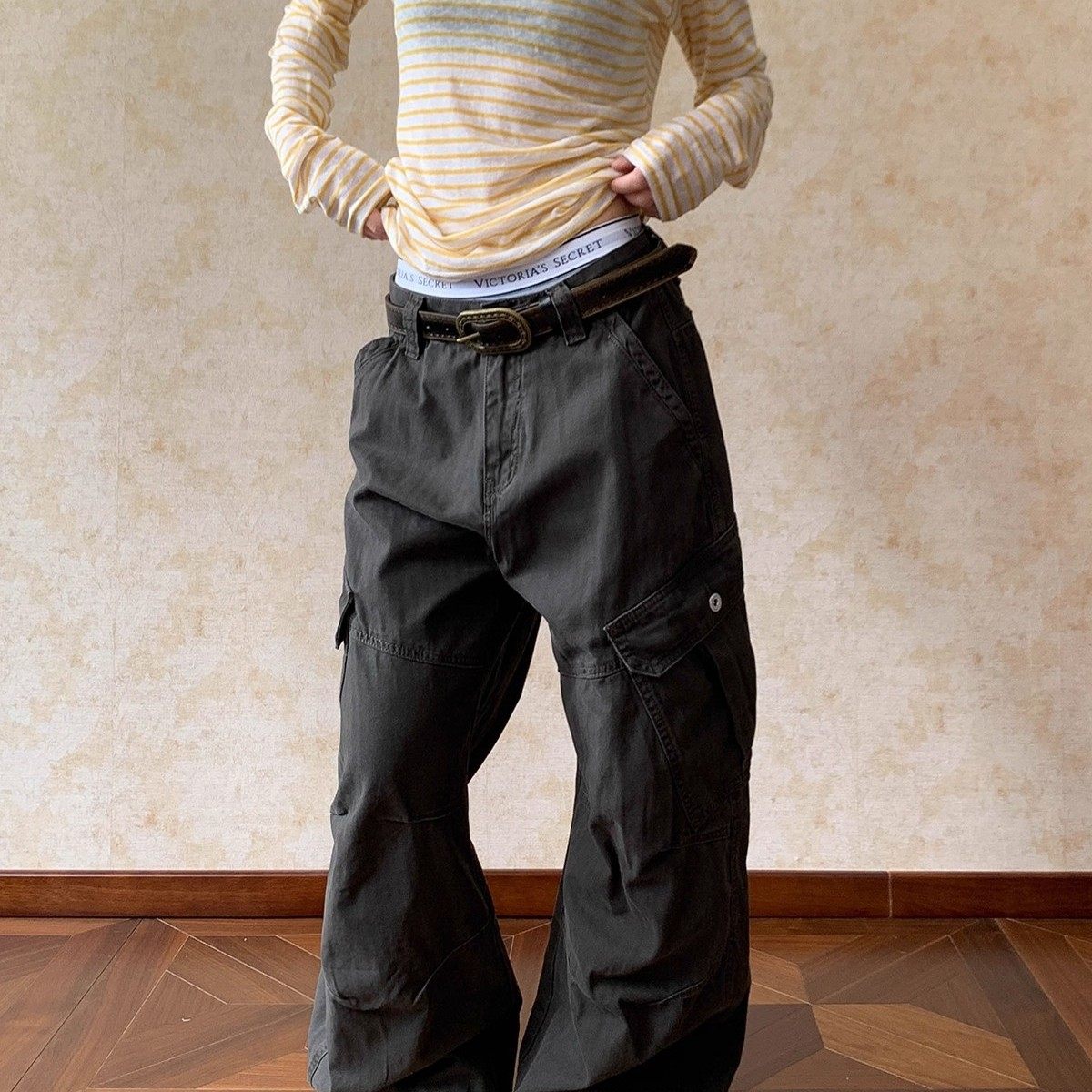 Apocket美式廓形褶皱多口袋工装裤男女高级感直筒宽松显瘦长裤潮