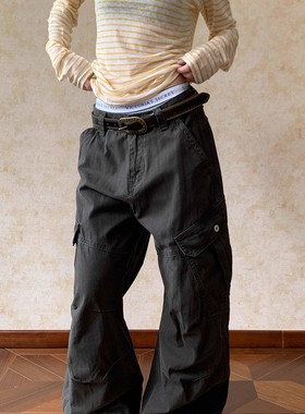 Apocket美式廓形褶皱多口袋工装裤男女高级感直筒宽松显瘦长裤潮