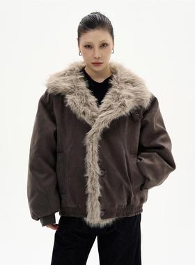 KISKO冬季美式座山雕解构加厚棉服男女潮牌廓形毛领夹克情侣外套